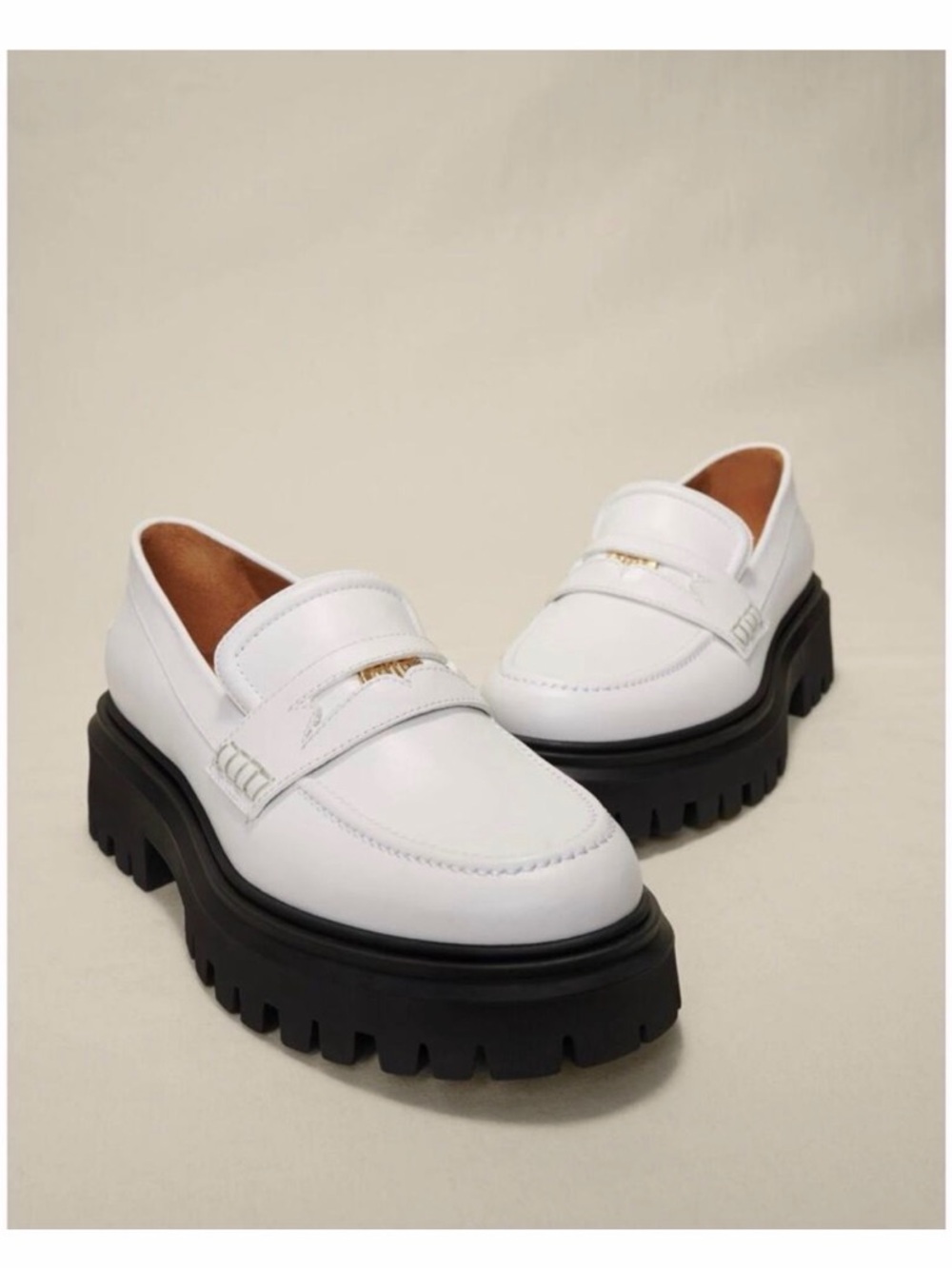 Maje White Leather Lug Sole Loafers with Black Platform
